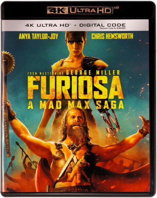 4K Ultra HD Blu-ray hoes met Anya Taylor-Joy en Chris Hemsworth in de hoofdrol. De titel 'Furiosa: A Mad Max Saga' staat centraal.
