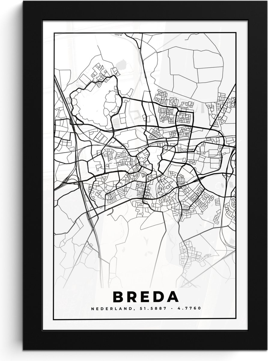 Poster in lijst - Fotolijst 20x30 cm - Posters - Kaart - Breda - Zwart - Wit - Posterlijst zwart - Decoratie - Wanddecoratie woonkamer - Muurdecoratie slaapkamer