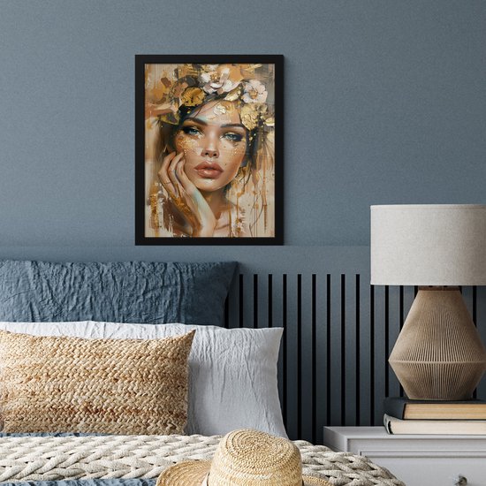 Affiche sous cadre - Cadre photo 30x40 cm - Posters - Femme - Fleurs - Or - Portrait - Cadre affiche noir - Décoration - Décoration Décoration murale salon - Décoration murale chambre