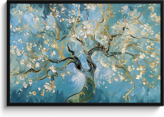 Affiche encadrée - Cadre photo 120x80 cm - Posters - Amandier en fleurs - Blauw - Abstrait - Affiche encadrée noire - Décoration - Décoration murale salon - Décoration murale chambre