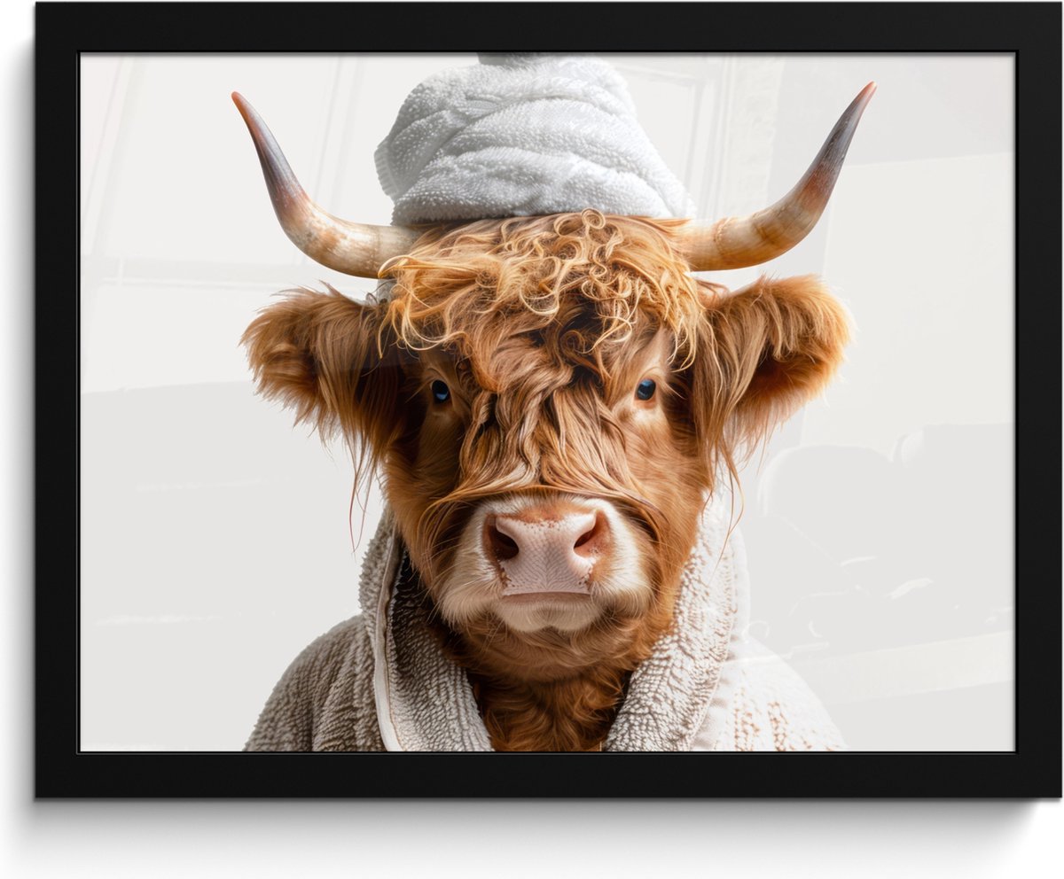 FrameYourWall Poster in lijst - Fotolijst 40x30 cm - Posters - Schotse hooglander - Badjas - Koe - Dieren - Posterlijst zwart - Wanddecoratie badkamer - Muurdecoratie WC - Decoratieve accessoires - Toilet muur decoratie