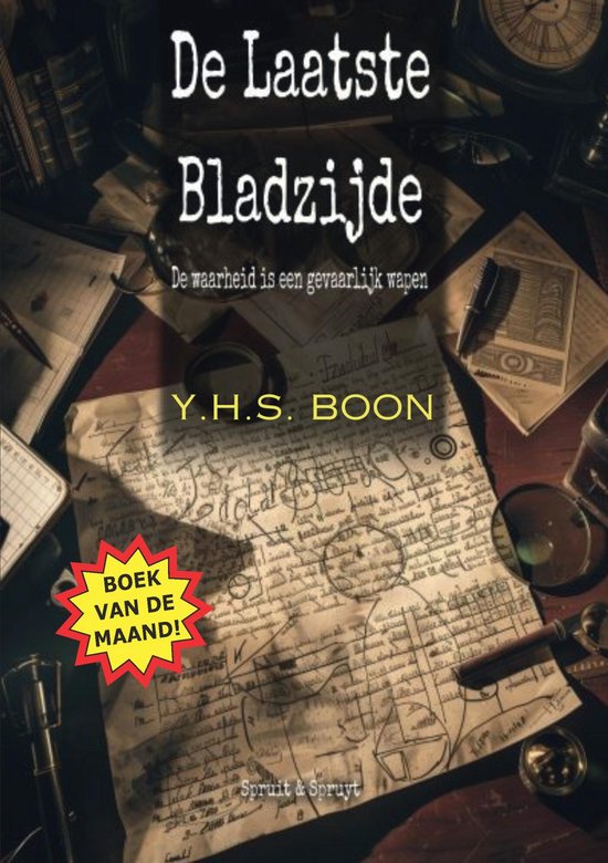 Boekomslag van 'De Laatste Bladzijde' met mysterieus manuscript en "Boek van de Maand!"
