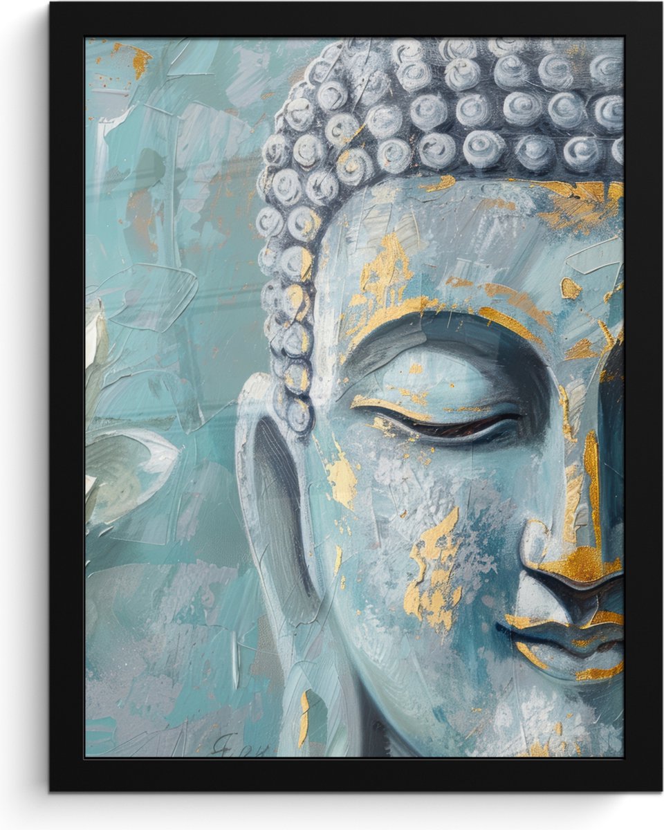 FrameYourWall Poster in lijst - Fotolijst 30x40 cm - Posters - Boeddha - Bloem - Lotus - Goud - Blauw - Posterlijst zwart - Decoratie - Wanddecoratie woonkamer - Muurdecoratie slaapkamer Boeddha - Blauw