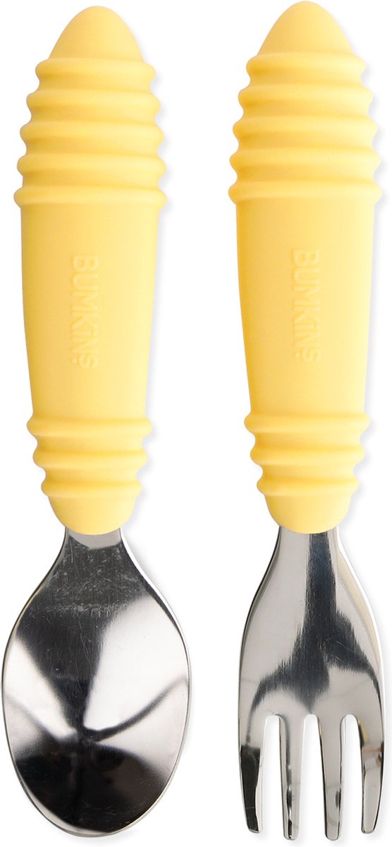 Goedkoopste Bumkins - kinderbestek 2-delig, lepel en vork - rvs en siliconen - geel