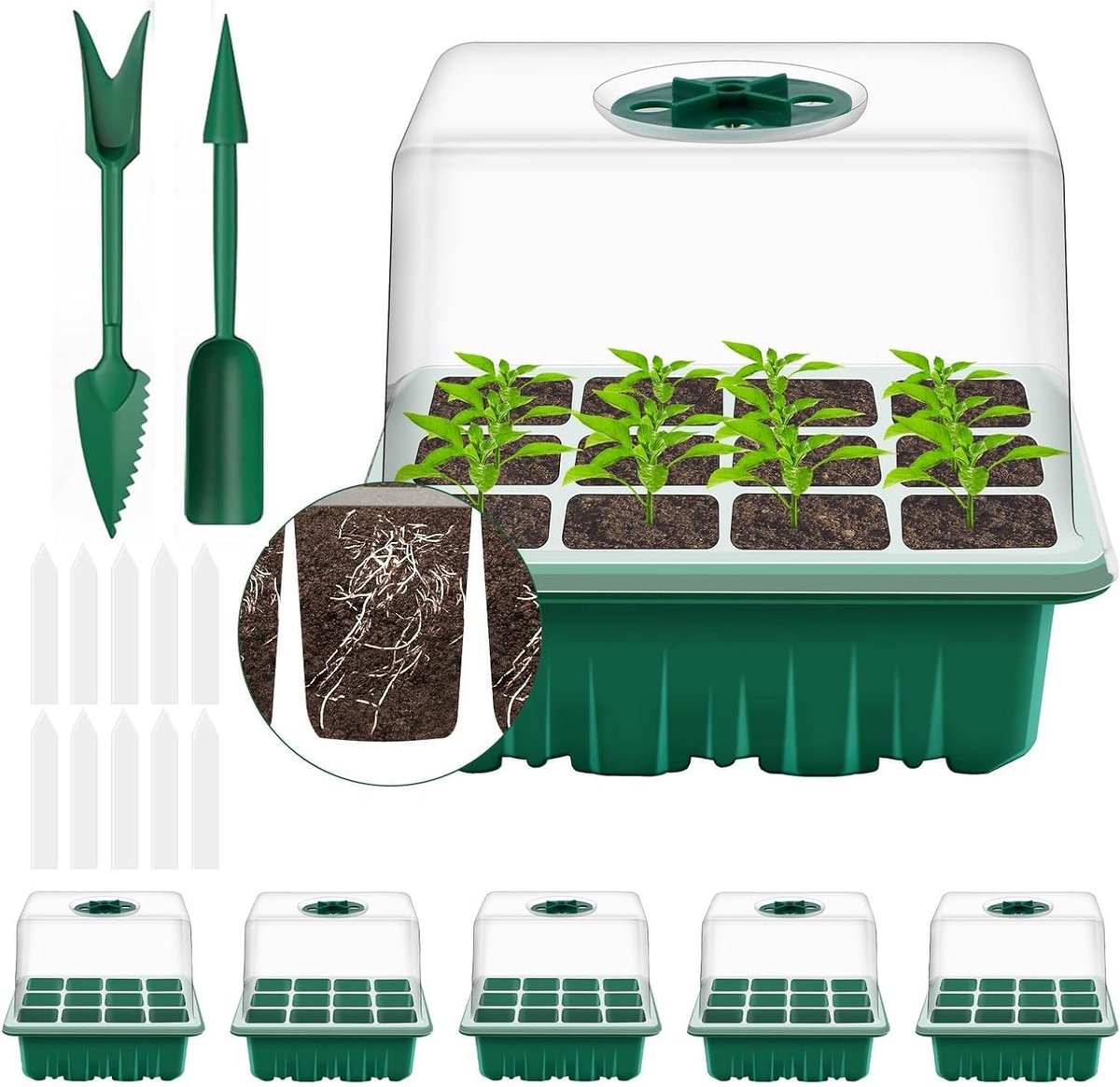 5 Pack 60 Cellen Propagator Groeiende Dikker Zaadbakken Zaailing Starter Groeiende Trays met Clear Deksel Kweekbak