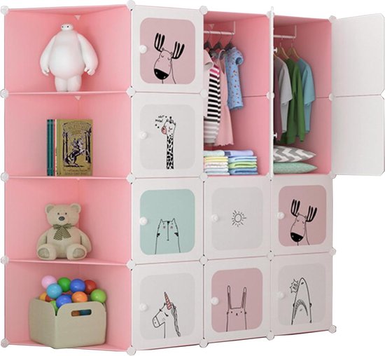 Modulaire Kledingkast, Modulaire Rekken, Modulaire Kledingkast, Kledingopberger voor thuis, Opbergplank voor Slaapkamer, 12 modules, 1 staven, 140x105 cm, Kleur Zwart