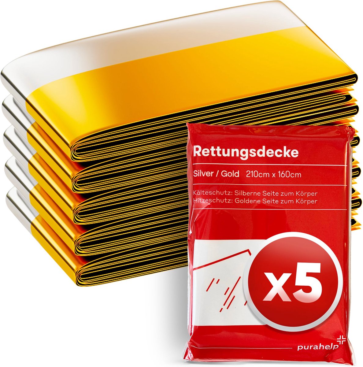 PURAHELP Reddekens Goud Zilver voor Noodgevallen (5 Stuks) - 210 x 160 cm - Weerbestendige Noodekdekens voor Eerste Hulp en Outdoor - Compacte Reddekens voor Auto, Wandelen & Kamperen