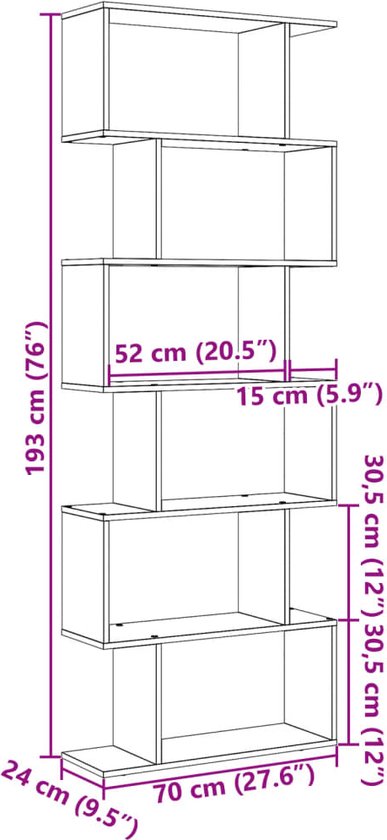 Kamerscherm / boekenkast 5-laags 70x24x161 cm hout oud hout