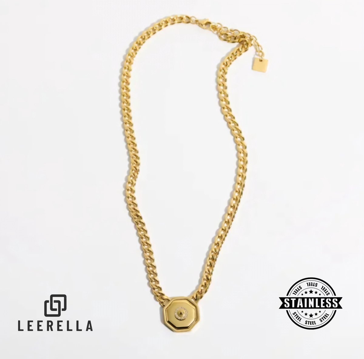 Leerella | Dames Goudkleurige Cubaanse Edelstalen Ketting met Zirkonia Inleg – 42cm + 5cm Verlenging | Luxe Roestvrij Stalen Ketting