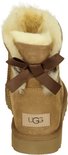 Achterkant van cognackleurige enkellaarsjes van suède met witte schapenwollen voering, strikdetail en UGG-logo.