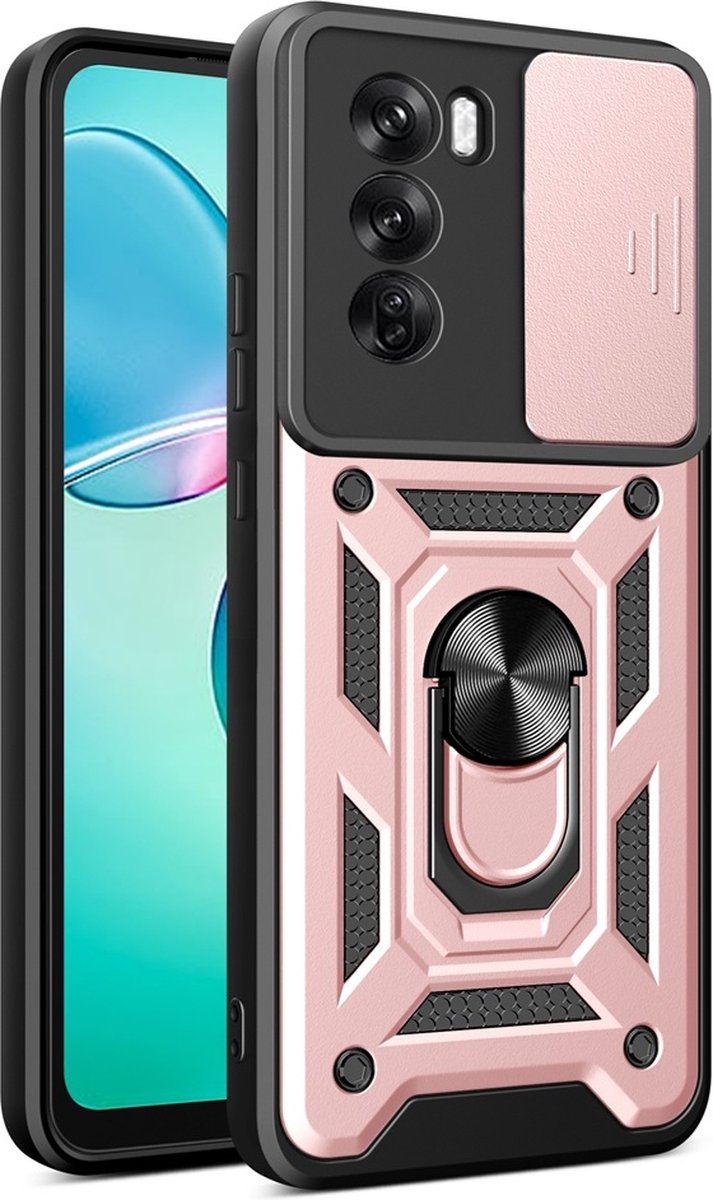 MobyDefend Hoesje - Geschikt voor Oppo Reno12 Pro - Pantsercase Met Draaibare Ring - Rosé