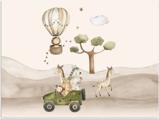 Affiche 160x120 cm - Animaux sauvages - Safari - Aquarelle - Montgolfière - Posters - Accessoires de décoration de chambre - Décoration murale chambre enfant - Décoration murale chambre bébé