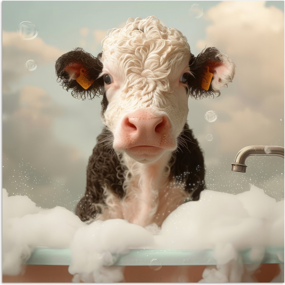 Poster 30x30 cm - Kalf - Koe - Bad - Schuim - Dieren - Posters - Wanddecoratie badkamer -