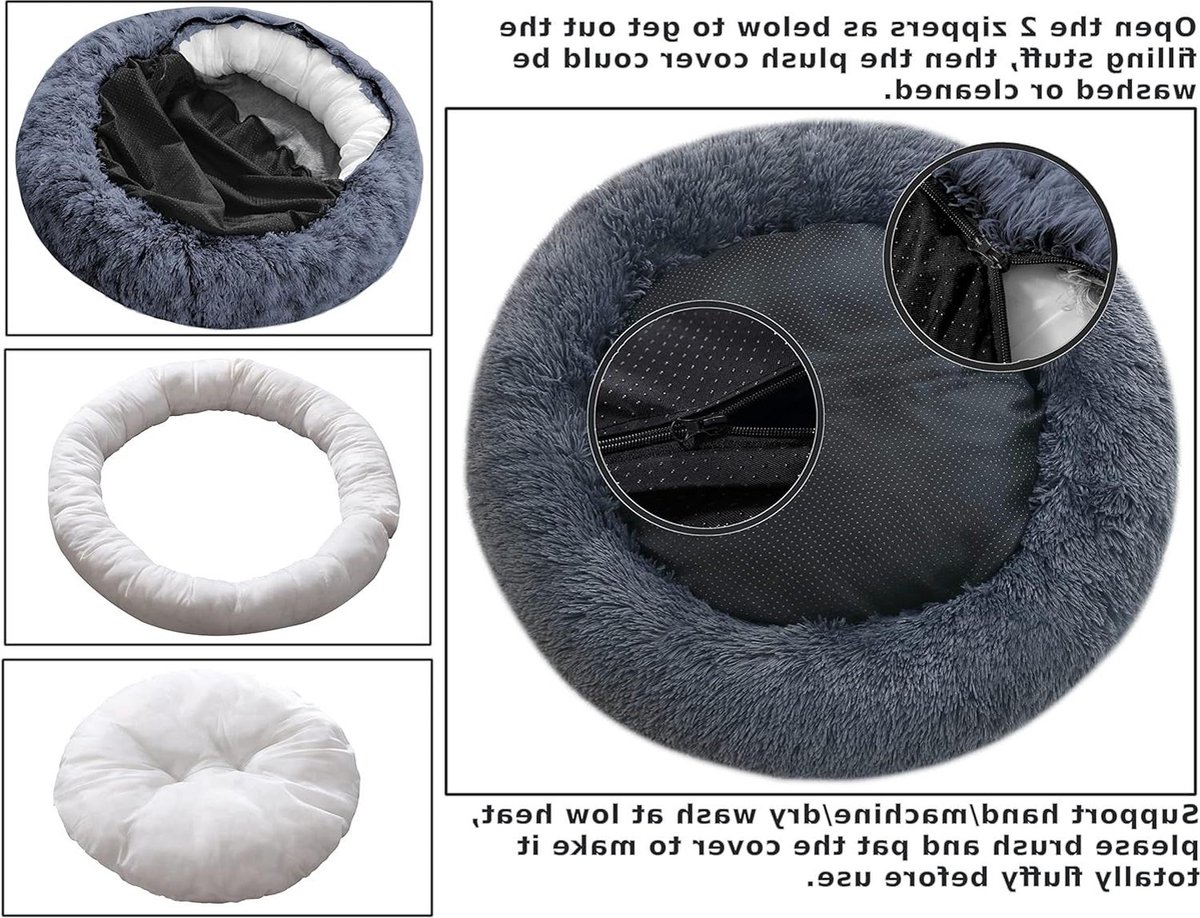 Hondenmand - Hondenbed Donut Hondenbed XL rond kussen afneembare wasbare hoes anti-angst imitatiebont knuffelaar pluizig comfortabel harig huisdierbed (80 cm donkergrijs)