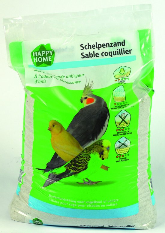Een grote verpakking schelpenzand met een gecensureerde afbeelding van een kaketoe, een kanarie en een parkiet.