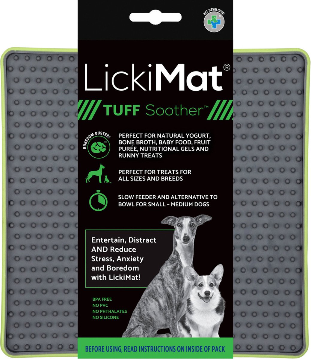 Lickimat Soother Tuff - Reducerende Stress Voermat 20x20 cm - Hondenvoerbak - Appelgroen&Grijs