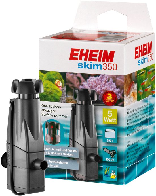 Zwarte Eheim skim350 oppervlakte skimmer naast zijn verpakking, met aquariumafbeeldingen.