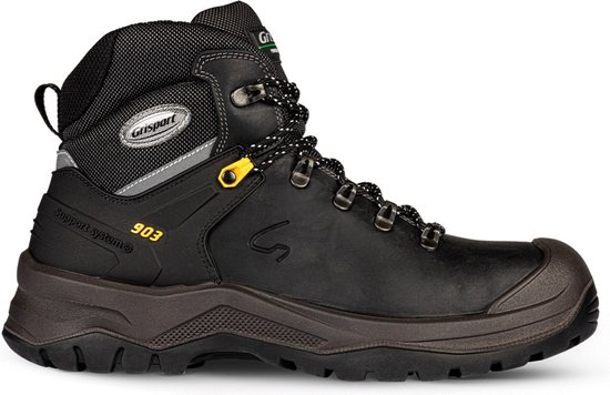 Zwarte Grisport 903 werkschoen met veters, gele lus en reflecterende details.