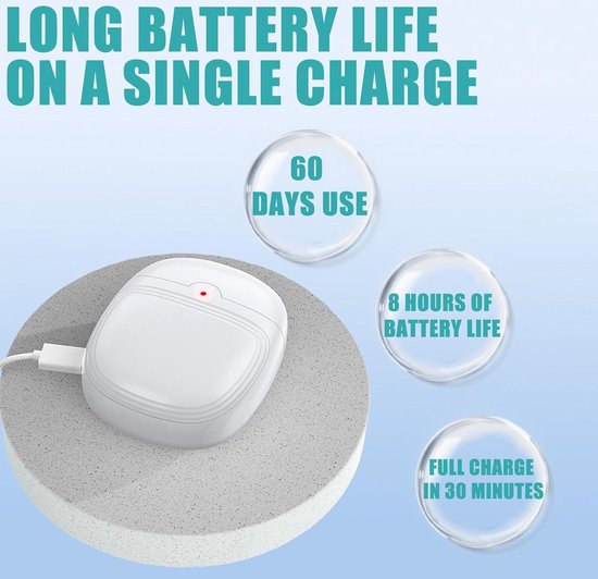 Witte elektrische nagelknipper met rode oplaadindicator. 60 dagen gebruik, 8 uur batterij, 30 min opladen.