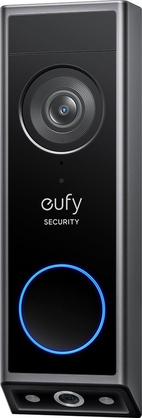Zwarte Eufy videodeurbel met een blauwe lichtring, camera en microfoon.