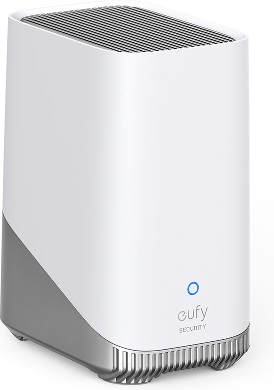 Witte en grijze eufy HomeBase 3 met logo en blauw lampje.