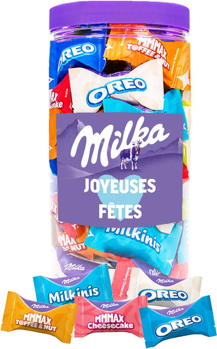 Milka Favourites chocolademix voor Kerst "Joyeuses Fêtes" - Toffee & Nut, Oreo, Cheesecake & Milkini - 5 smaken - chocolade kerstcadeau - 500g