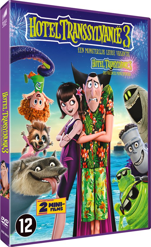 De DVD-hoes van Hotel Transsylvanië 3, met personages en vuurwerk.