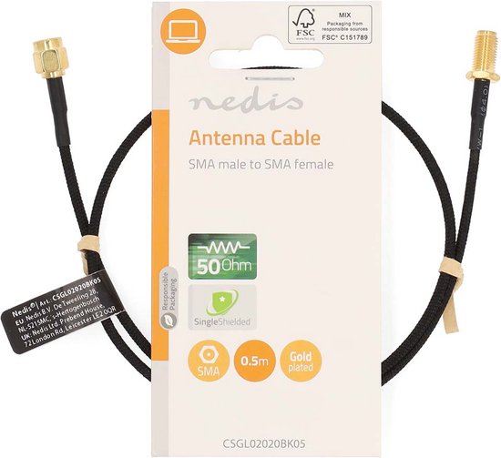 Câble d'antenne Nedis - SMA Femelle - SMA Male - Plaqué Or - 50 Ohm - Simple Blindé - 0,50 m - Rond - Tressé - Zwart - Etiquette