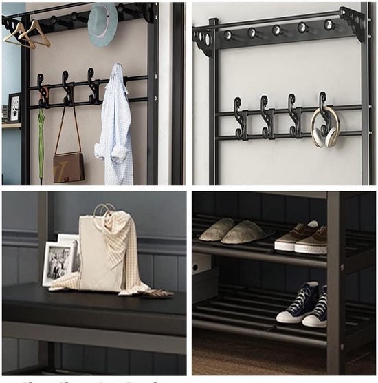 Porte-manteaux Avec Banc Et Rangement - Armoire D'Entrée 3-en-1, 3 Crochets, Noir