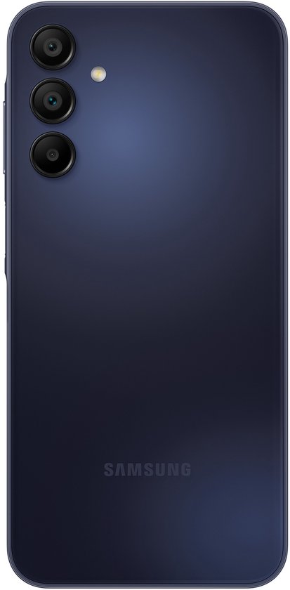 Donkerblauwe Samsung telefoon, achterkant met drie camera's en Samsung logo.