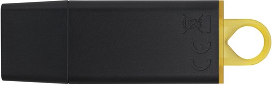 Zijkant van een zwarte Kingston DataTraveler 128GB USB-stick met gele lus.