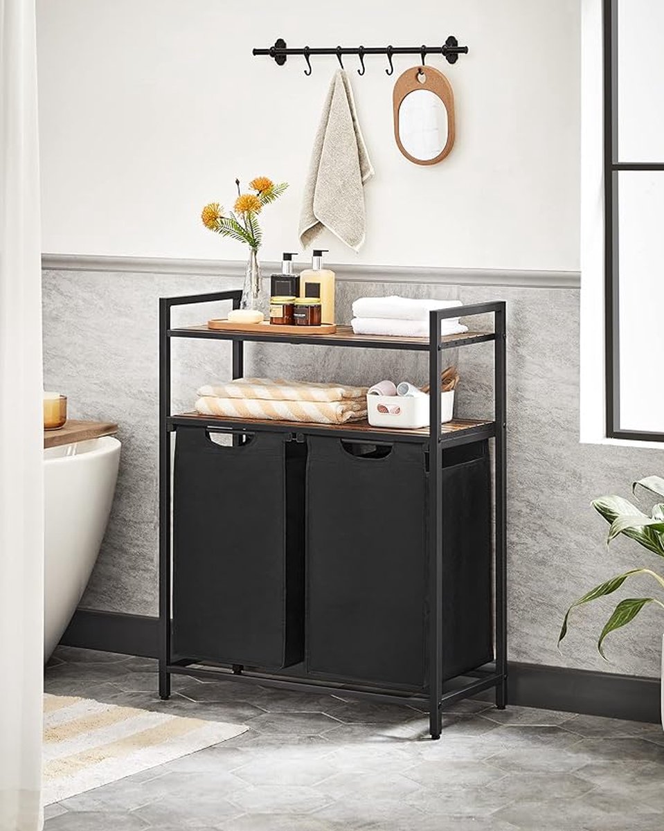 Goedkoopste MIRA Home - Wasmand - Wassorteerder - Wasbox - Opbergmand - Zwart - Metaal/Hout - 2x46 Liter - 73x33x92