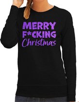Pull de Noël moche Bellatio Decorations pour femme - F*cking - noir - violet pailleté - Père Noël M