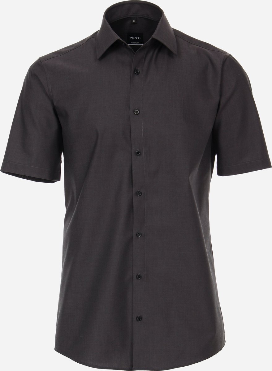 VENTI modern fit overhemd - korte mouw - popeline - grijs - Strijkvriendelijk - Boordmaat: 45