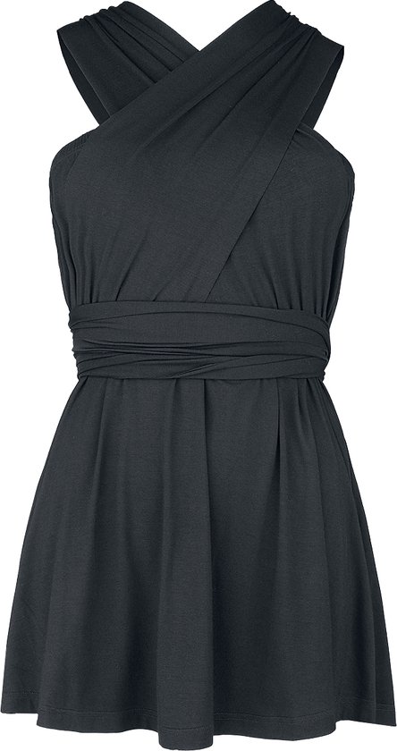 Zwarte tanktop met gekruiste banden op de rug en ceintuur.