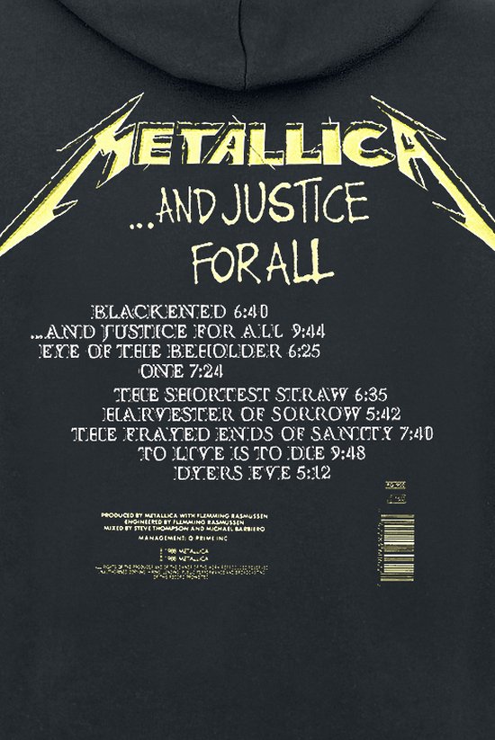 Sweat à capuche/pull Metallica - S- And Justice For All Tracks Zwart