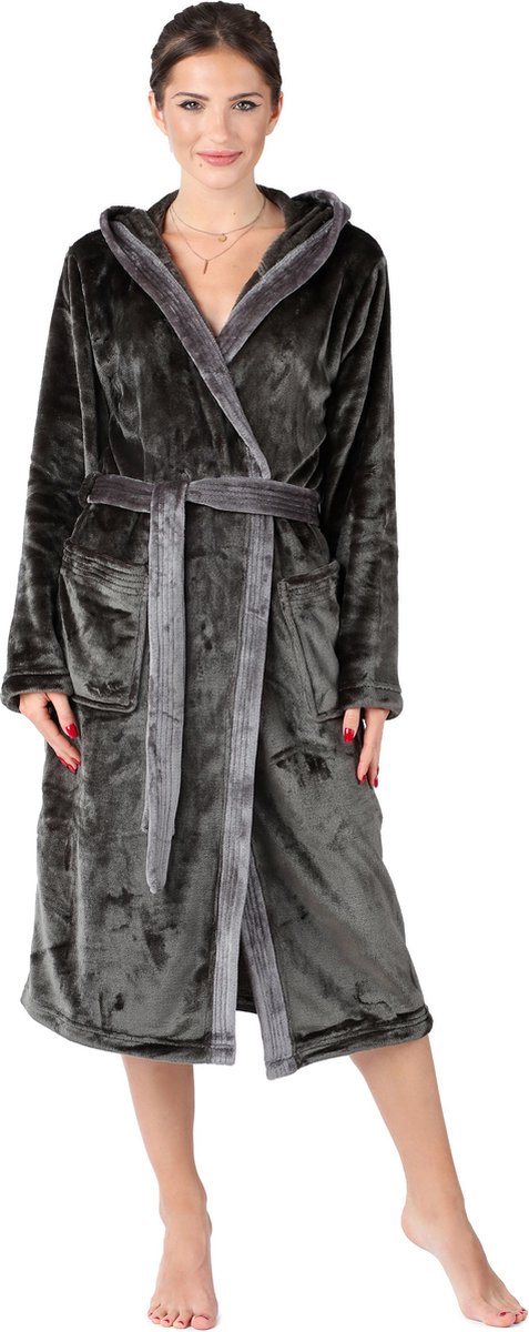 Bellivalini Dames Badjas met Capuchon - Wasmachine bestendig - Polyester - Grafiet - M - BLV-BLV50-168-DG