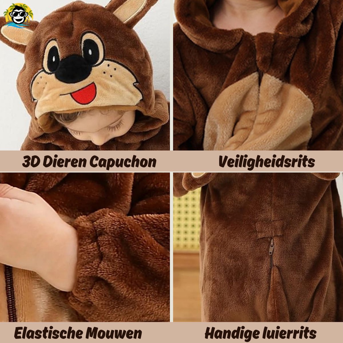 BoefieBoef Dieren Baby Onesie Peuter Pyjama Kinderen 6 maanden tot 2 jaar – Verkleedkleding met Luierrits – Carnaval Dierenpak - Halloween en Kraamcadeau Tip – Zacht Flanel - Romper - Boxpak - Jongens - Meisjes - Kruippak - Kangoeroe - Bruin — afbeelding 5