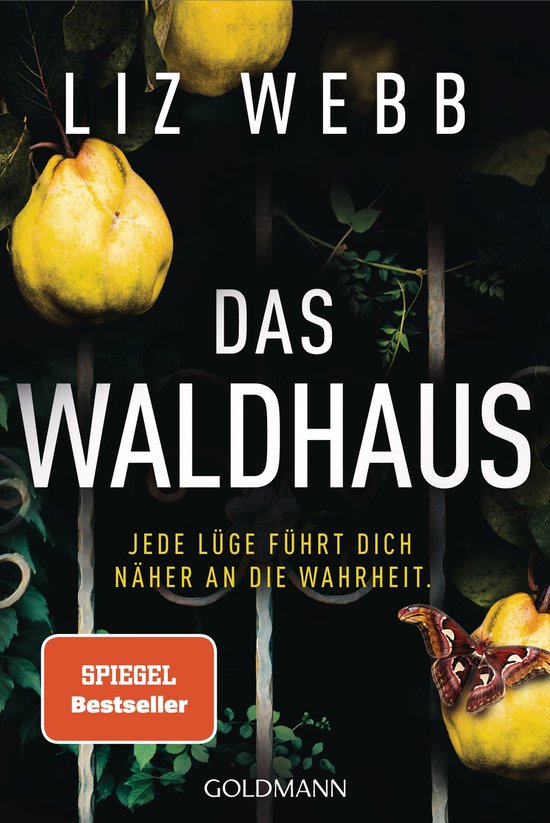 Boekomslag van 'Das Waldhaus' door Liz Webb, met gele vruchten en een mot.