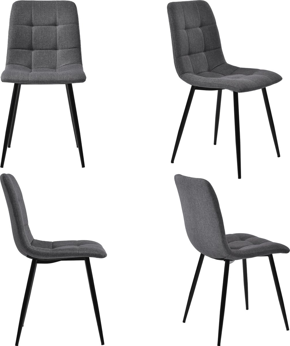 Merax Set van 4 Eetkamerstoelen – Donkergrijze Leinen Stoelen met Rugleuning – Stabiel Metalen Onderstel