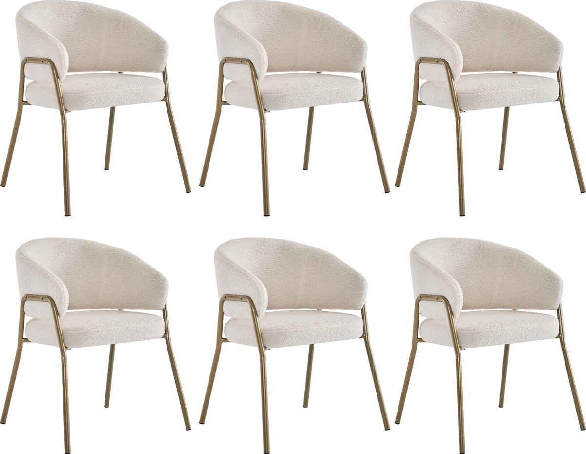 Merax Wit Eetkamerstoelen - Set van 6 - Lamswol Look - Gouden Poten - Luxe & Comfortabel - Tijdloos Design