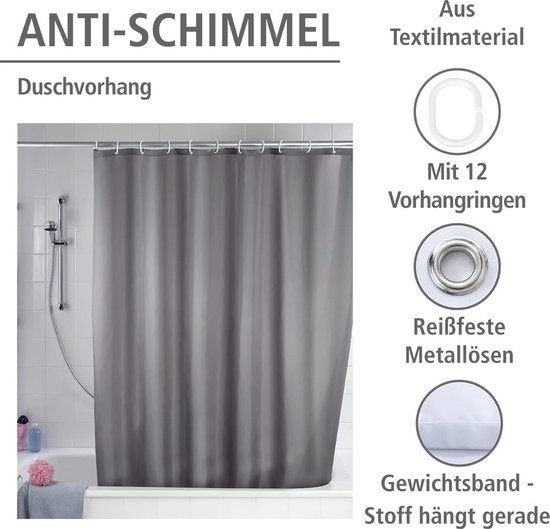 Rideau de douche antifongique uni Grijs - lavable, hydrofuge, Antibacterieel, anneaux de suspension inclus