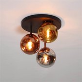 HOFSTEIN Plafondlamp Vouhet, plafondlamp van metaal/MDF/glas in zwart/bruin in houtlook/barnsteenkleuren/helder, Retro/VIntage design met kappen van glas ( 15 cm), 3 x E27, zonder lamp
