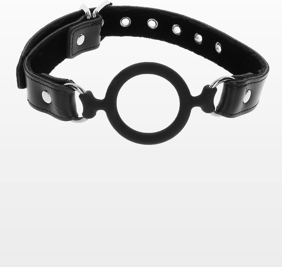 Zwarte lederen open ring gag met zilverkleurige gesp en ringen.