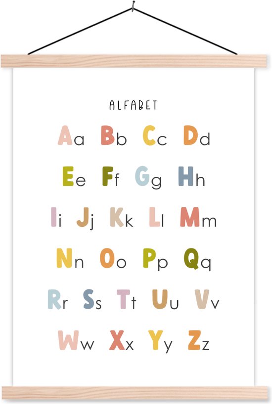 Posterhanger incl. Poster 60x80 cm - Schoolplaat - Alfabet - Educatief - Kleuren - Letters leren voor kinderen - Textielposter - Blanke latten