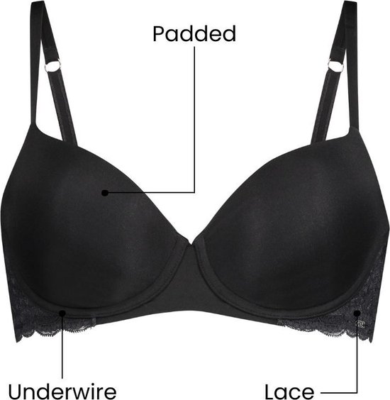 Zwarte voorgevormde bh met beugel en kanten rand. Annotaties: Padded, Underwire, Lace.
