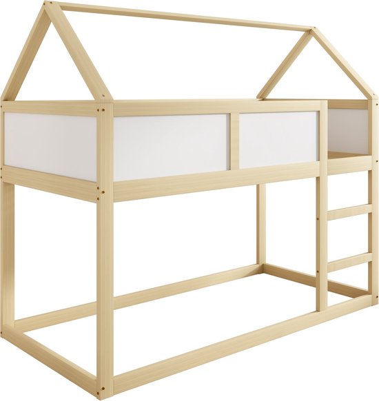 Stapelbed, vloerbed, kinderbed, 90 x 200 cm, met ladder en dak, voor 2 kinderen, houten bed, huisbed, hoogslaper met lattenbodem en valbeveiliging, voor jongens of meisjes (grijs