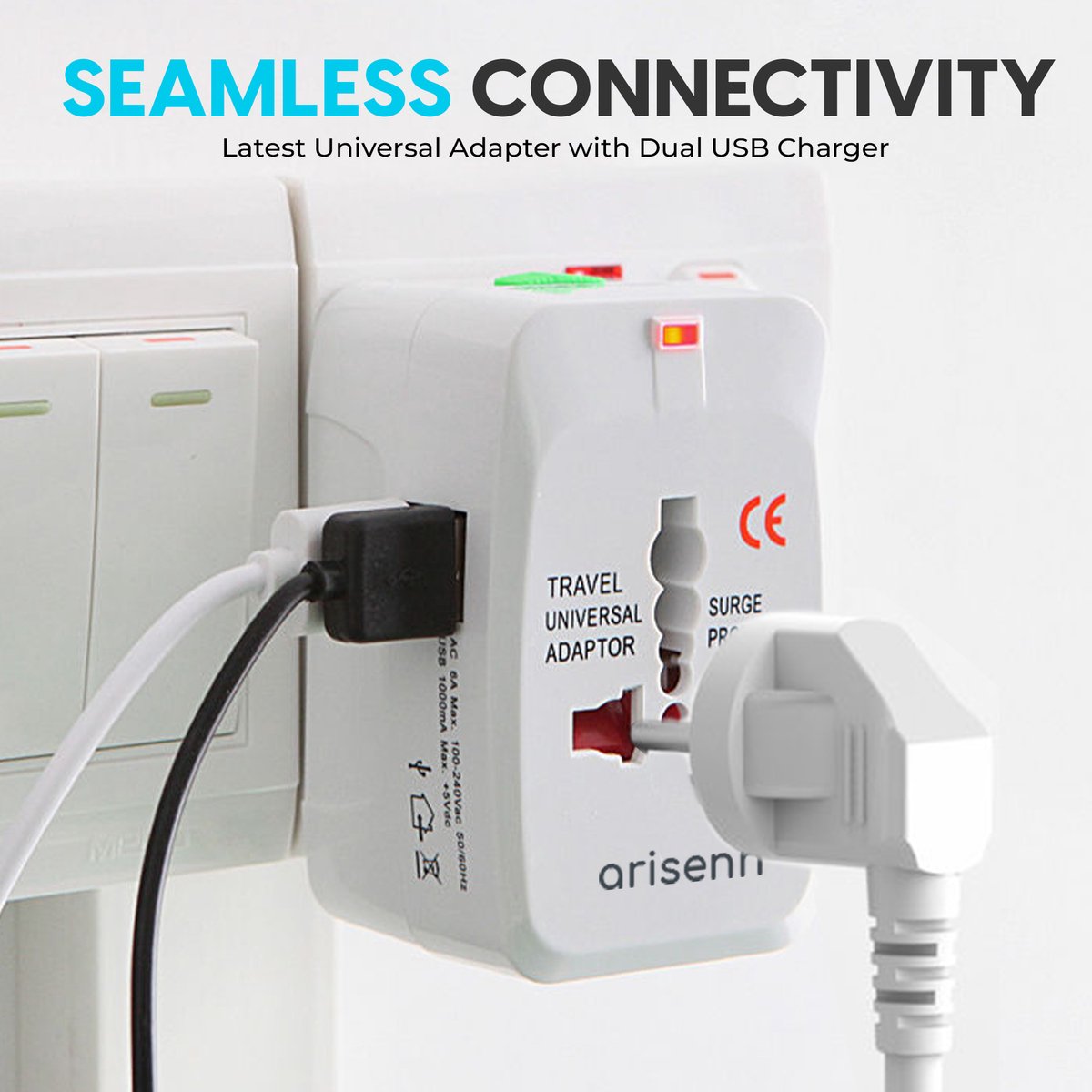 Arisenn® Wereldreiziger + USB : Alles-in-één Reisstekker voor 150+ Landen | USB & AC | Compact & Lichtgewicht | Perfect voor Reis & Thuis | 2 USB ports — cadeau in Gadgets - foto 2