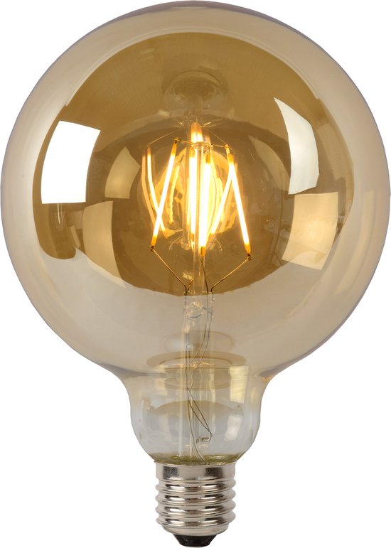 Amberkleurige G125 LED filamentlamp met zichtbare filamenten.