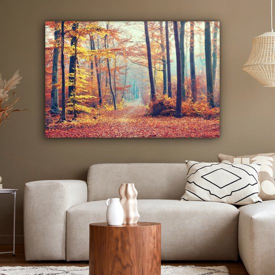 Toile Peinture Forêt - Automne - Feuilles - 120x80 cm - Décoration murale